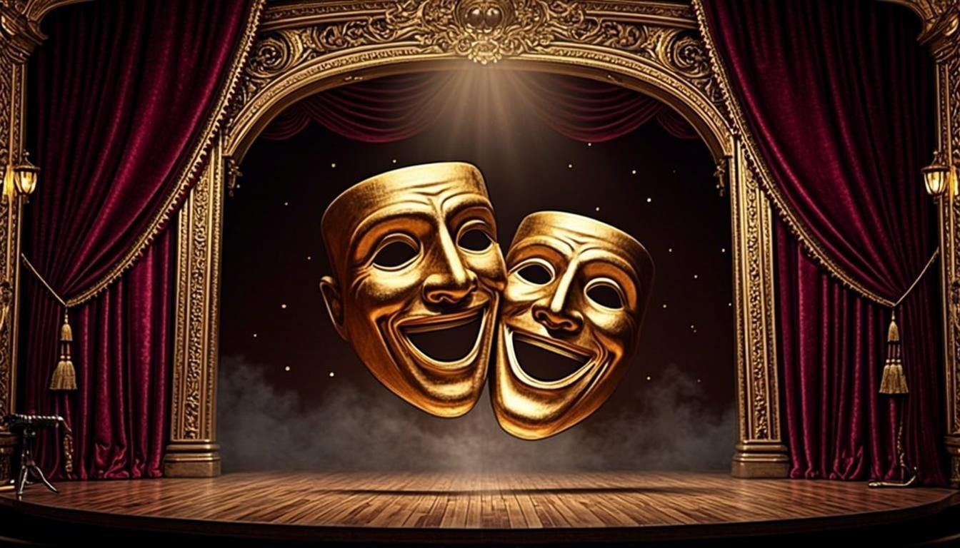 Cortinas de terciopelo borgoña con máscaras de teatro doradas